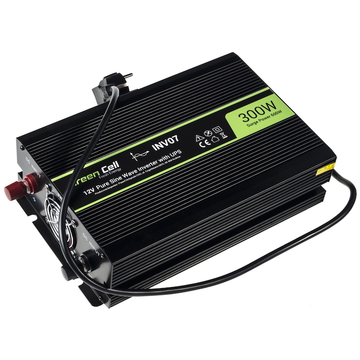 Инвертор за кола Green Cell 12V 300W/600W, USB порт, размери 290x180x77mm