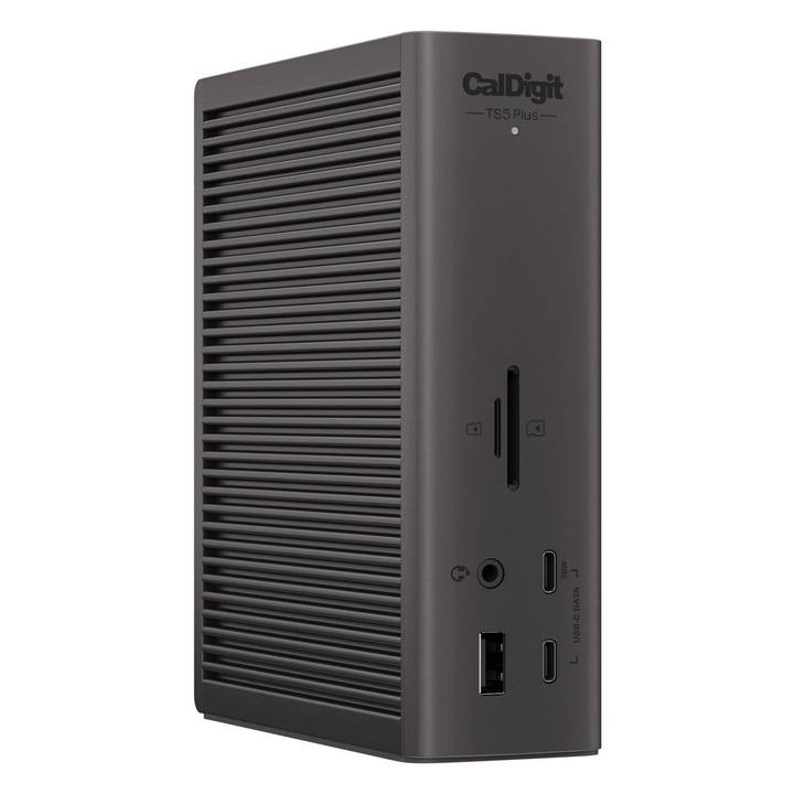 Докинг станция Thunderbolt 5 CalDigit TS5 Plus, 20 порта, 140 W зареждане, 3 порта Thunderbolt 5 с 80 Gb/s, 10 порта USB с 10 Gb/s, 10 GbE, до два 8K 60 Hz екрана, 330 W захранване