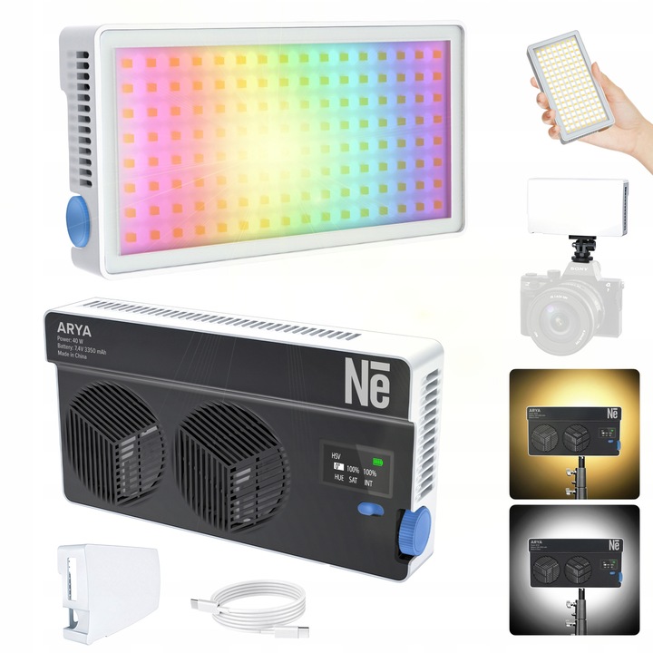 Lampa LED RGB Newell Arya 40 W, 16800 lux, 2500-9000 K, 15x8,2x2,8 cm, cu difuzor si adaptor