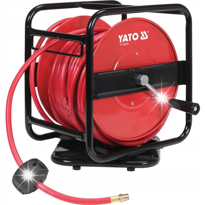 Пневматичен маркуч YATO 8мм x 30м с ръчен прибирач, PVC, устойчив на екстремни температури, пълен комплект