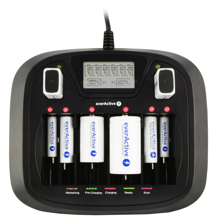 Универсално зарядно устройство EverActive NC900U 8 канала, LCD, 6xAA/AAA или 4xC/D, 9V, 2500mAh