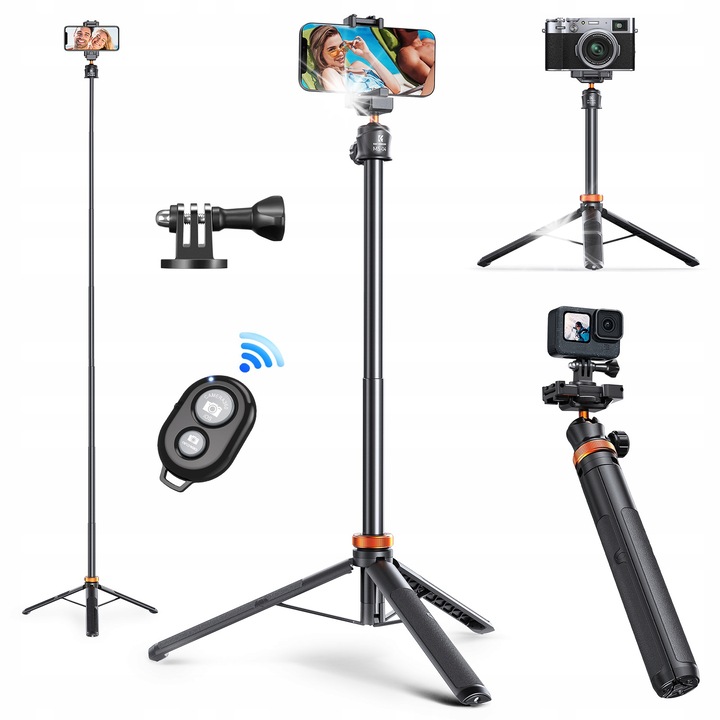 Статив за снимки K&F Concept Selfie 2 в 1, максимална височина 157 см, тегло 398 г, с адаптер за GoPro, Bluetooth дистанционно управление