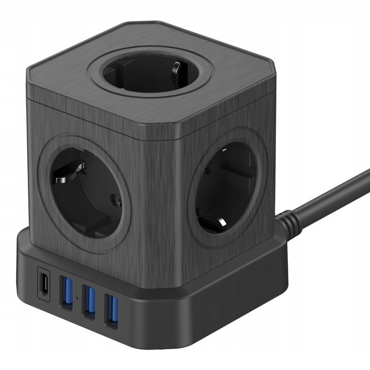 Kostka de alimentare Newell GaN Power Cube 9w1, 5 guri AC, 3 porturi USB-A, 1 port USB-C, 4000W, negru, 81,6x81,6x85mm