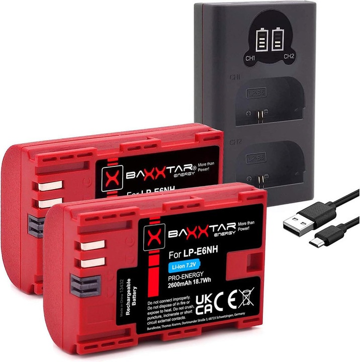 Пакет 2x Акумулатор Baxxtar Pro LP-E6NH 2600 mAh и Зарядно устройство Baxxtar Dual LCD USB за Canon LP-E6NH LP-E6N LP-E6