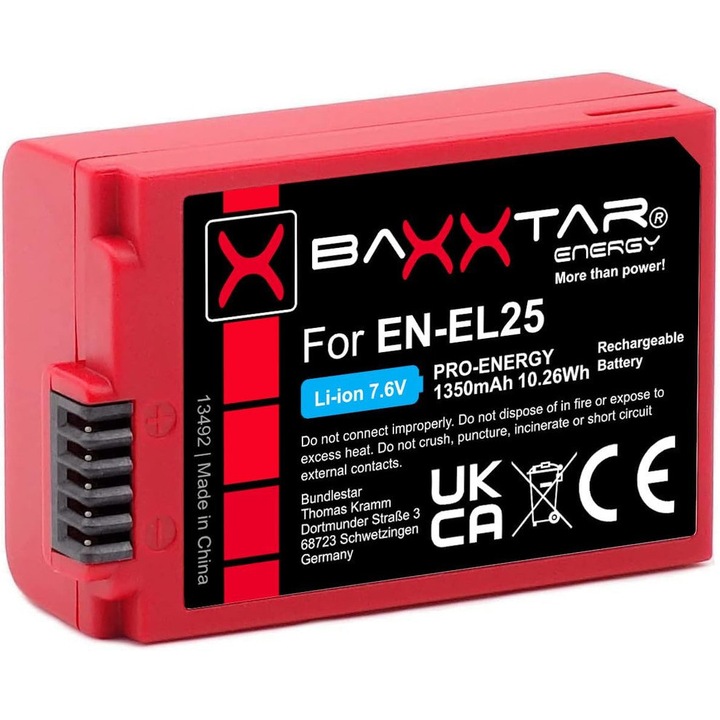 Acumulator Baxxtar Pro EN-EL25 pentru Nikon Z30 Z50 Z50II Z-fc cu NTC Active sensor
