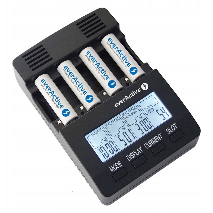 everActive NC-3000 hálózati töltő 4 db AA/AAA akkumulátorhoz, kapacitás teszt, LCD, fekete