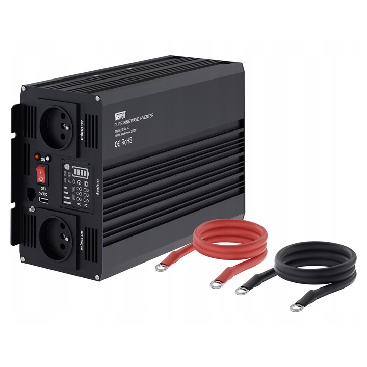 Invertor Newell 24V/230V, 1000W, 2000W impulzus, 2 aljzat, USB port, méretek 29x17x9.5cm