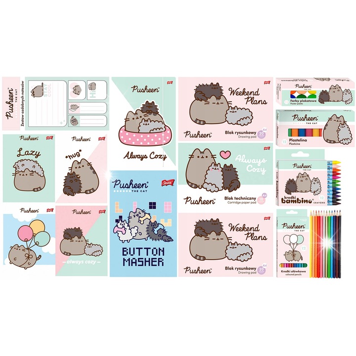 Iskolai Pusheen készlet, 15 darabos, többszínű, iskolába és óvodába