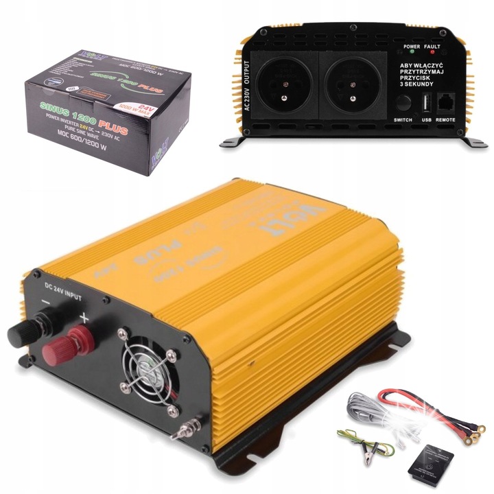 Инвертор за кола VOLT PRZETWORNICA SINUS PLUS 1200 24V 600W 2xUSB, жълт, 250x201x94 мм