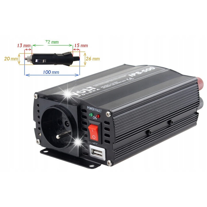 Модулен инвертор 500W, VOLT POLSKA, 24V DC към 230V AC, 5V USB, 164x105x60mm