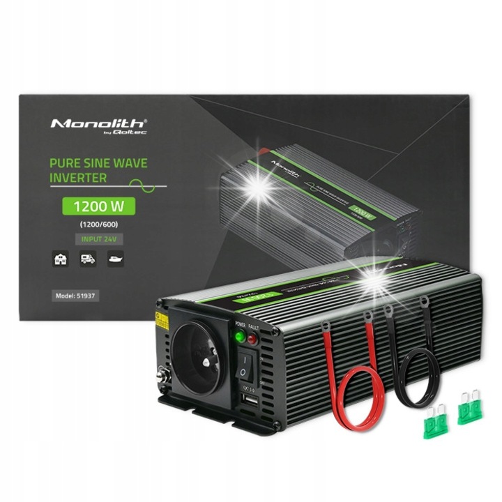 Инвертори за кола Qoltec Monolith 1200 W, 24 V, черни