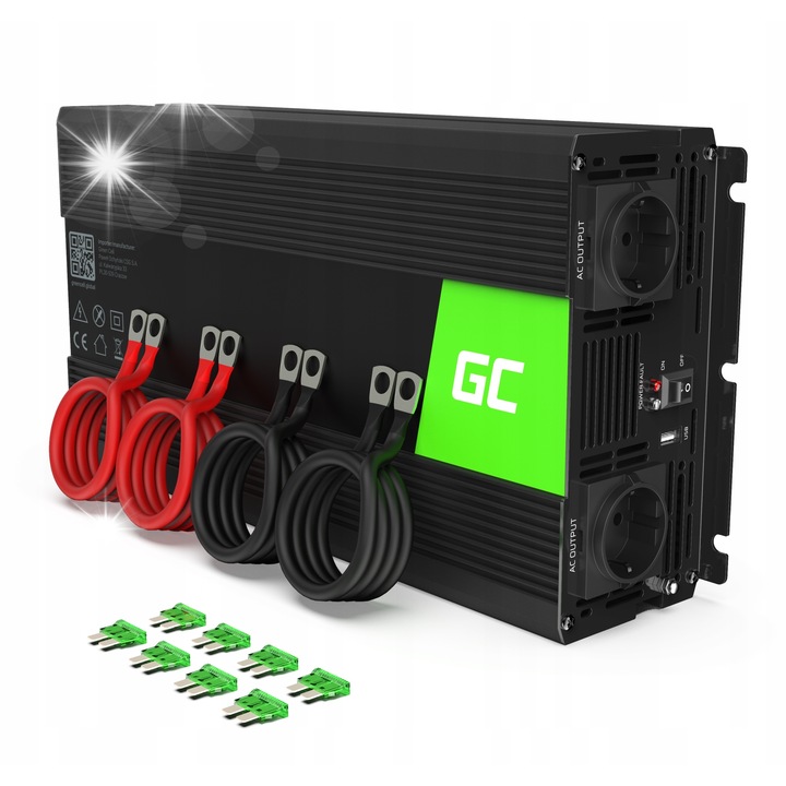 Инвертори за кола Green Cell 24V към 230V, 1500W/3000W, черен, 30.1x17.8x7.6cm