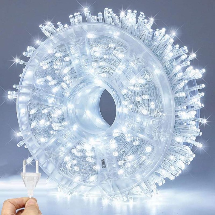 Instalatie De Craciun Led Tip Rola SIKS, Lungime 100 Metri, 800 Led-uri, Pentru Interior/Exterior, Pentru Casa / Gradina, 8 Moduri De Lumini, Fir Transparent, Alimentare Priza 220V/50Hz, LED, Rezistenta La Apa, Alb Rece