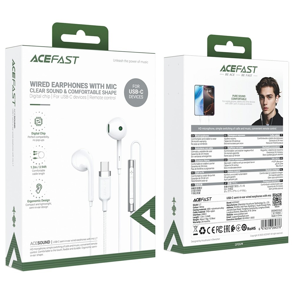 Casti Flexibile cu Fir, Half-in-ear, USB-C, 1.2m - Acefast (L7) - White