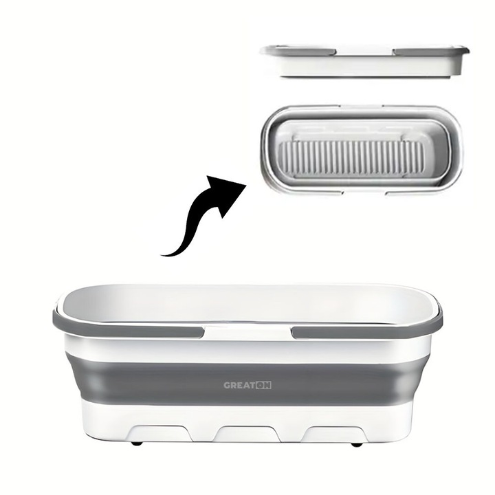 GREATON összecsukható lavór, 55x25x15cm, műanyag/szilikon, szürke/fehér, kerekekkel és fogantyúkkal