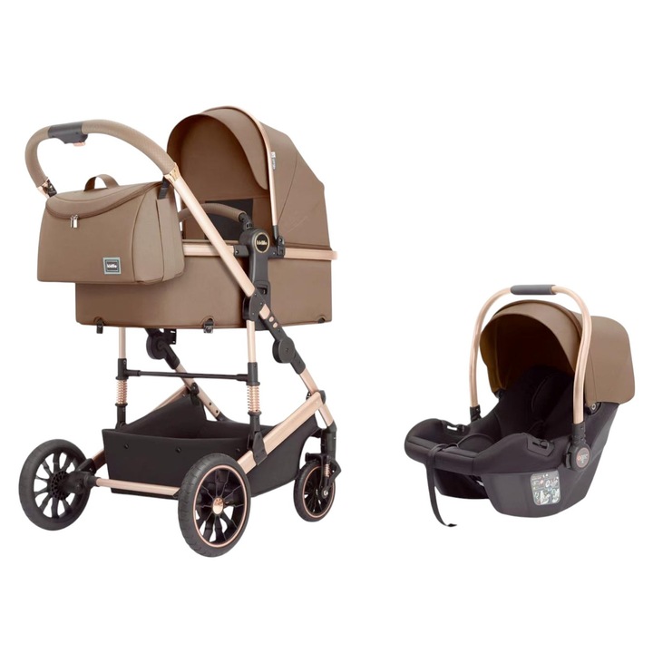 3 az 1-ben babakocsi – megfordítható mózeskosár, sport rész és autósülés, összecsukható, termotáska, alumínium váz, felfüggesztésekkel, 0-36 hónapos korig, bézs színű