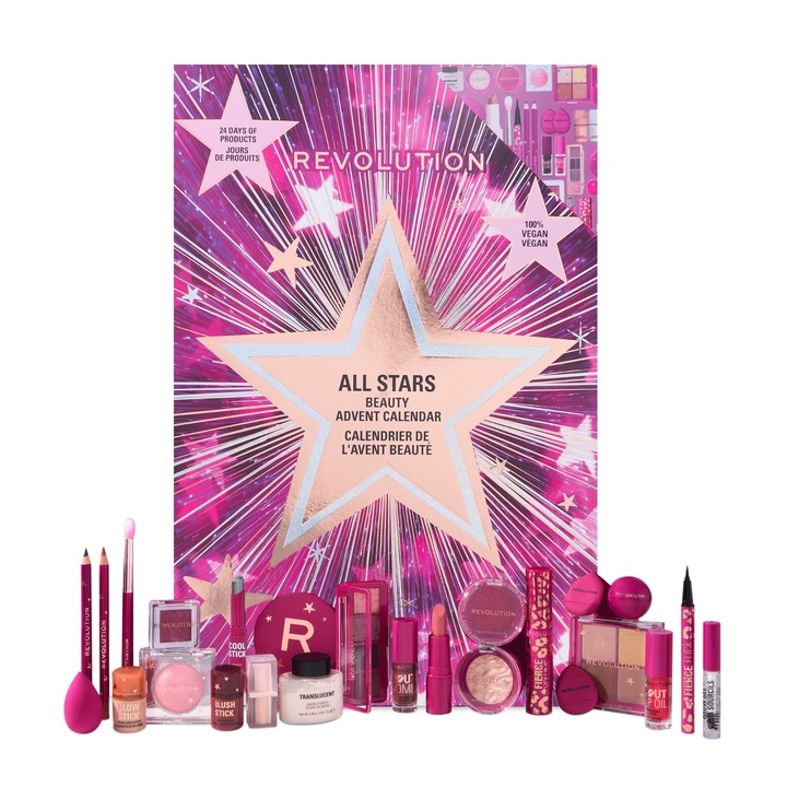 Calendar advent Make Up Revolution, set 24 produse machiaj, culori variate, cosmetice pentru ochi, buze si fata