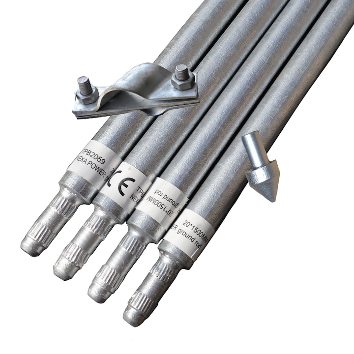 Kit Impamantare cu 4 Electrozi Tip BP, D=20 x 1500 mm Zincati la cald, 1 Varf Ghidaj si 1 Clema Conexiune, Fara Sapaturi pentru Case, Garduri Electrice, Panouri solare
