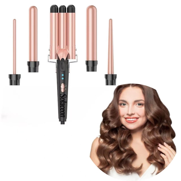 Ondulator de par pentru bucle 5 in 1, Solaceon®, 3 bare, 2 nivele de temperatura, protectie avansata, potrivit pentru orice lungime si tip de par, control precis al temperaturii, incalzire rapida, roz