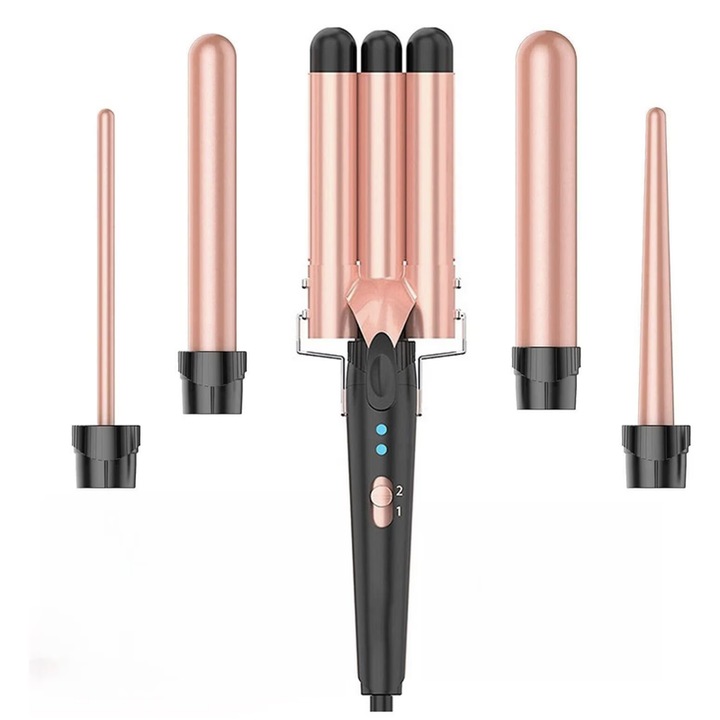 Маша за коса 5 в 1, 3 цеви, 2 температурни нива, керамична, розова