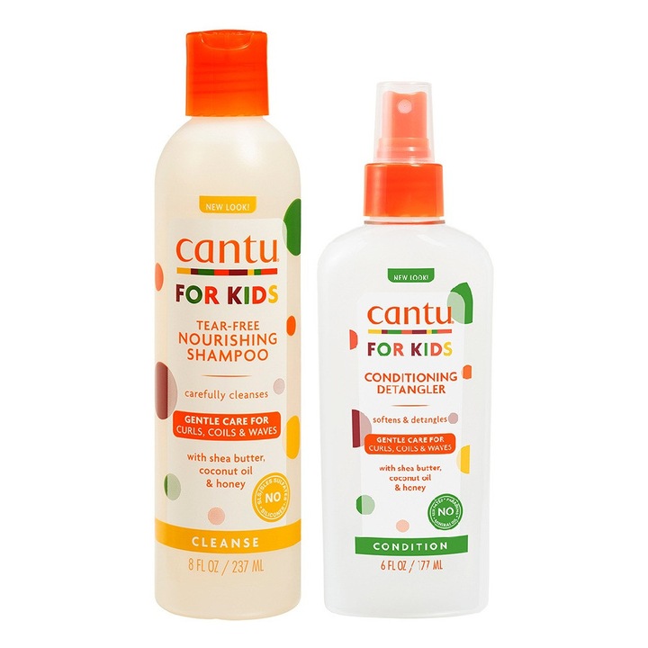 Set Cantu, Sampon hidratant pentru copii cu par cret si ondulat, formula fara lacrimi 237 ml, Spray balsam pentru par usor de pieptanat, 177 ml