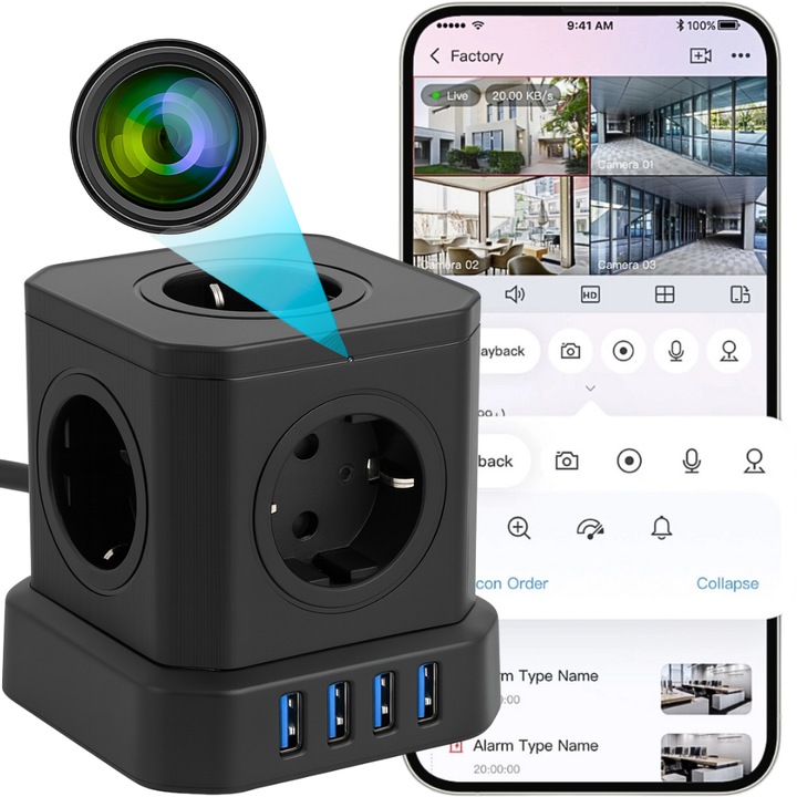 Мини камера SK418, 4K, 32GB, 5 AC контакта + 4 USB порта, бял, 9,3x9,3x9,7см, комплект