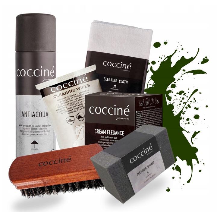 Kit de renovare a incaltamintei, Coccine, 6 in 1, Verde inchis, 50 ml crema pentru incaltaminte, 15 servetele umede, Perie de curatare, Perie de 16 cm, Agent de impermeabilizare de 250 ml, Accesorii, Bumbak, Calitate inalta, Eficienta, Usurinta in utiliza