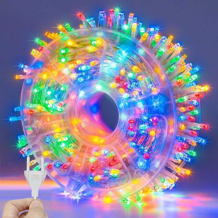 Instalatie De Craciun Led Tip Rola SIKS, Lungime 100 Metri, 800 Led-uri, Pentru Interior/Exterior, Pentru Casa / Gradina, 8 Moduri De Lumini, Fir Transparent, Alimentare Priza 220V/50Hz, LED, Rezistenta La Apa, Multicolora