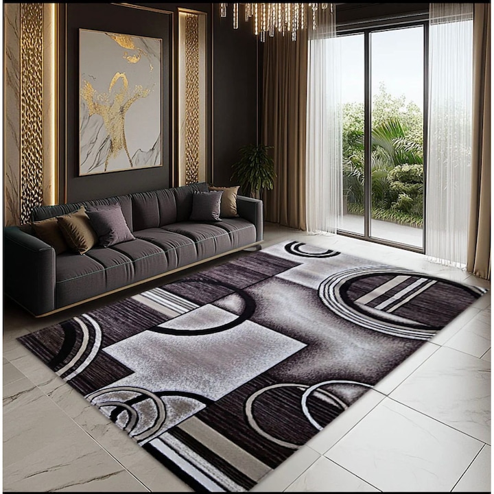 Covor modern cu design Geometric Pala Carpet® gri-negru-maro, 300x400 cm, grosime 12 mm, stil elegant pentru living sau dormitor, usor de curatat si rezistent la uzura