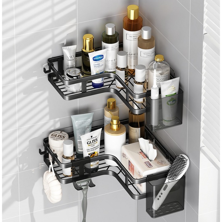 Рафт за душ, комплект от 2 ъглови етажерки за баня и кухня, Sinzo®, с 2 поставки за четка и паста за зъби, с лесен монтаж без пробиване, модерен дизайн, черен