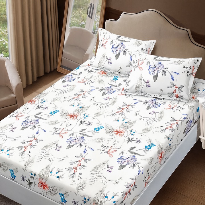 Set husa pat Finet Elegance + 2 fete perne pentru saltea de 160x200 cm, Imprimeu floral, HF2FP92