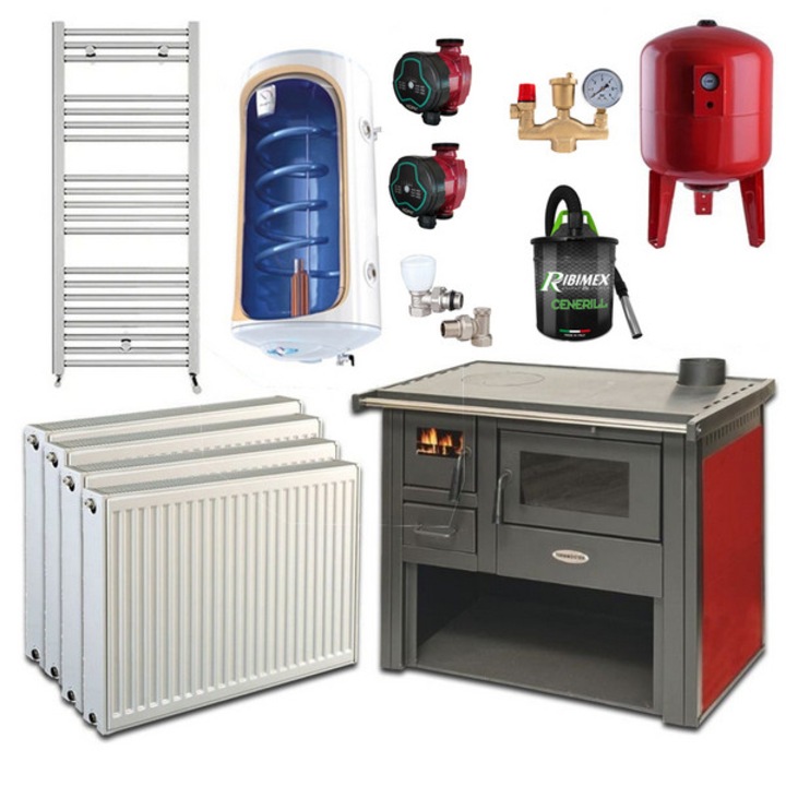 Pachet Termosoba pe lemn Termax Culina, 12.05 kW, evacuare pe dreapta, cuptor integrat, randament 85.29%, 80 m², Rosu, Calorifere, Pompe Recirculare, Grup siguranta, Vas expansiune, Robineti tur/retur, Aspirator cenusa, Boiler termoelectric Tesy 80 litri