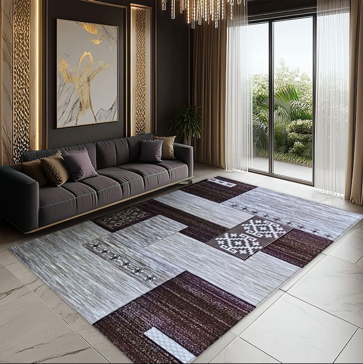 Covor modern Patchwork Pala Carpet®, maro si gri, 300x400 cm, grosime 12 mm, model mozaic decorativ pentru living sau dormitor, rezistent si usor de intretinut