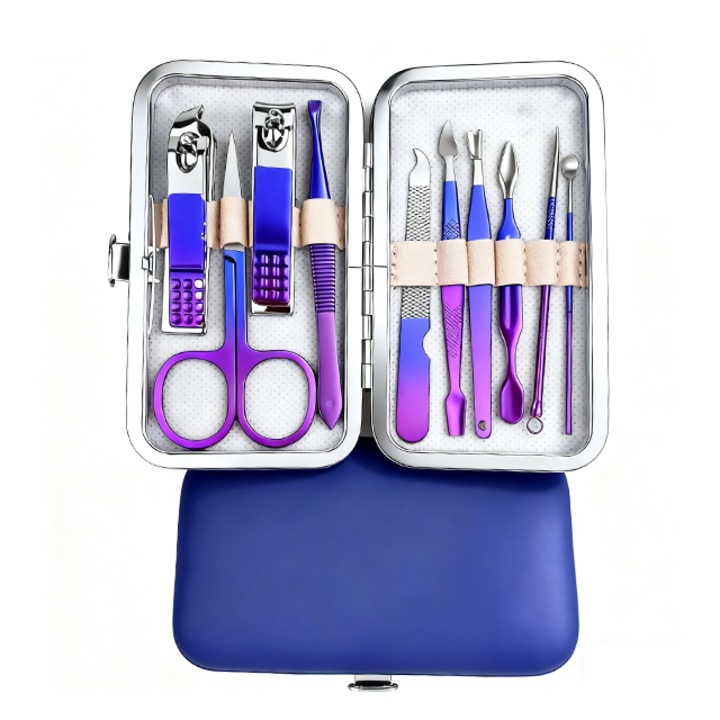 Manikűr pedikűr készlet 10 darabos rozsdamentes acél kék-ibolya