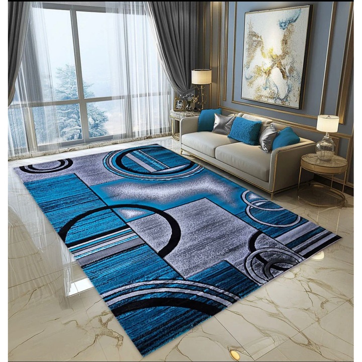 Covor modern cu design geometric Pala Carpet® Bella albastru si gri, 300x400 cm, grosime 12 mm, stil elegant pentru living sau dormitor, rezistent la murdarie si uzura