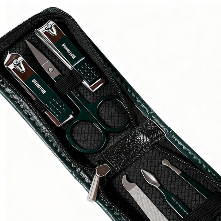 Manikűr készlet rozsdamentes acélból, 6 részes, bőrtokkal, Kiváló minőségű acél, Lapos körömvágó és precíziós csipesz, Szépségápoló készlet, Sötétzöld