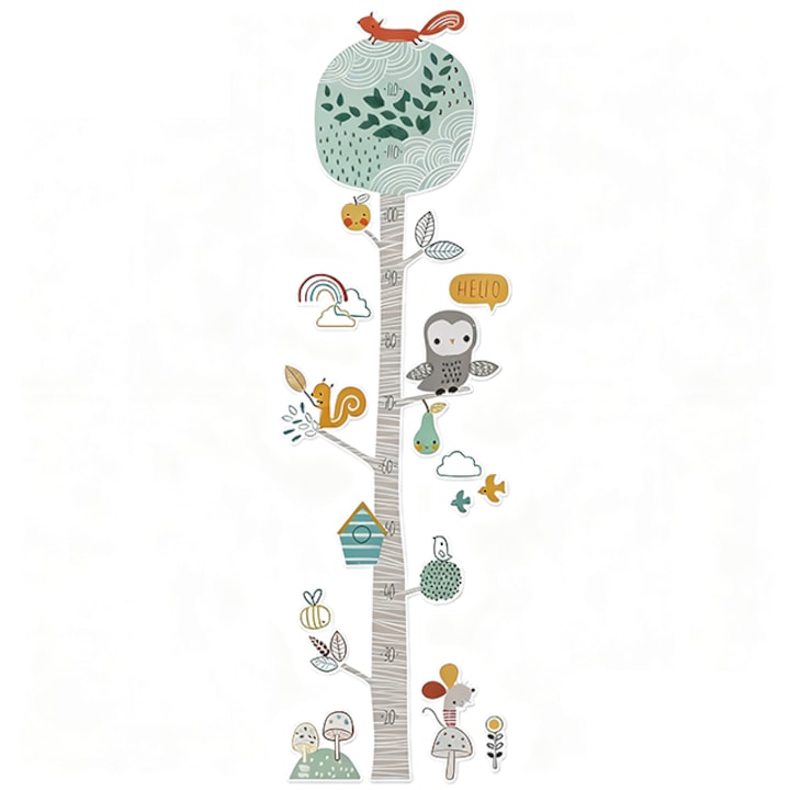Magasságmérő, Részletes állatokkal díszített fehér nyírfa, Gyerekszoba vagy óvoda falmatricája, Kreatív fali dekoráció, Magasság 133 cm