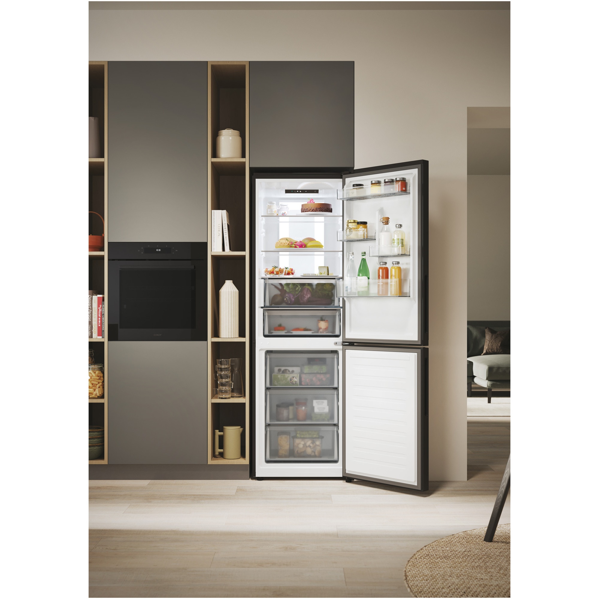 Combina frigorifica Candy, No Frost, 355 l, H 185 cm, Clasa E, Wi-Fi, Negru