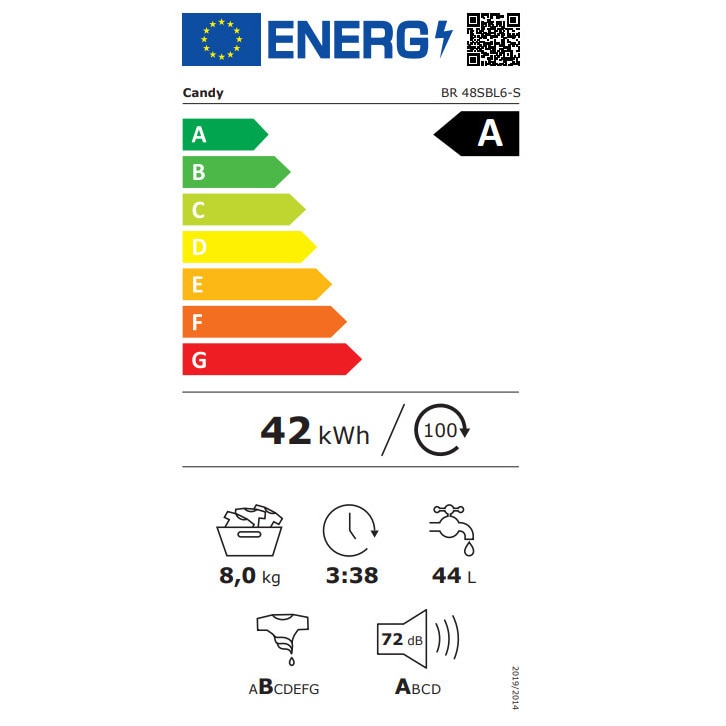 Masina de spalat rufe Candy Slim BR 48SBL6-S, clasa A-10%, 8 kg, 1400 rpm, Motor Inverter, Steam, Touch display, Soft Drum, Dual Spray, Programe rapide de spalare, Wifi, alba