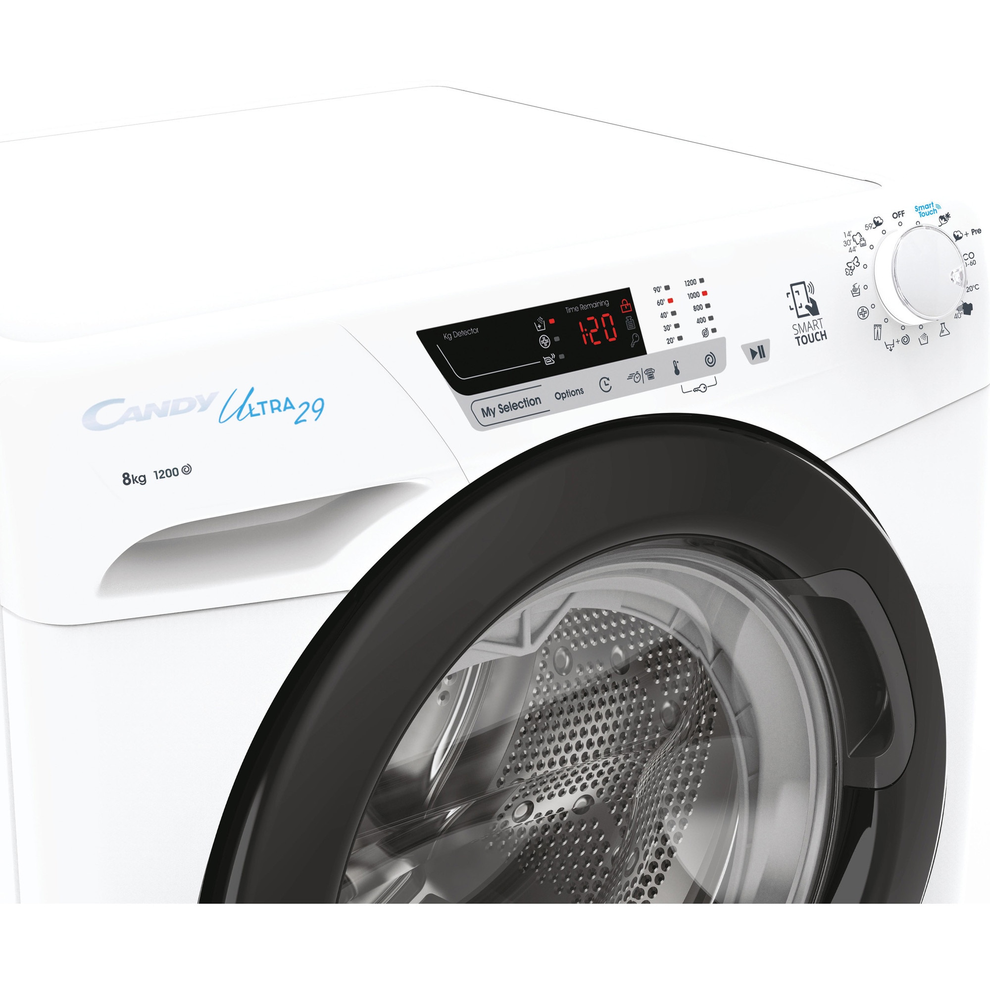 Masina de spalat rufe Candy Ultra HCU1282DB/1-S, 8 kg, 1200 RPM, 16 programe, Clasa D, Kilo Detector, Functie Calcare usoara, Alb