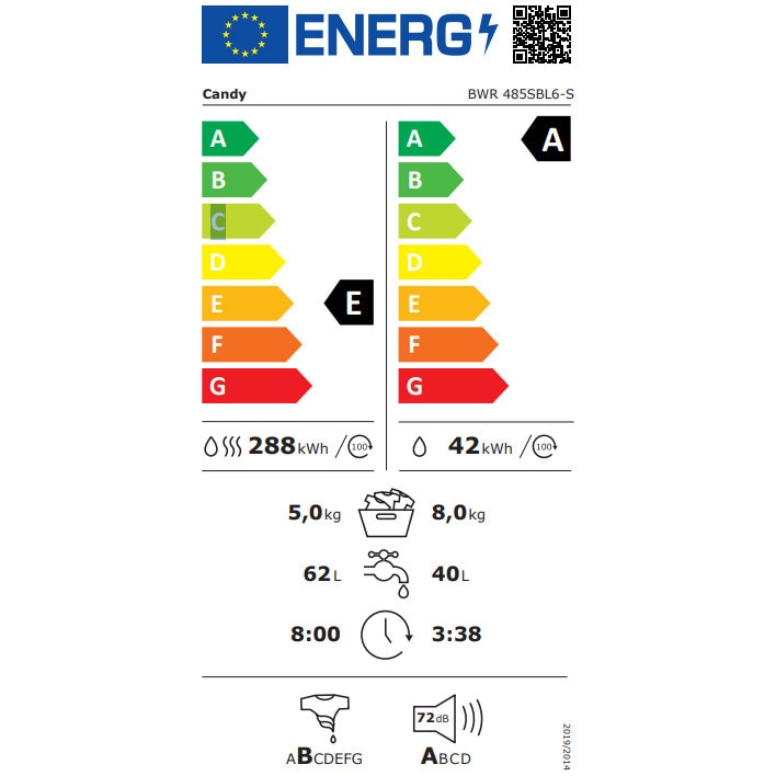 Masina de spalat rufe cu uscator Candy BWR 485SBL6-S, clasa energetica A-10%/E, 8+5 kg, 1400 rpm, Motor Inverter, ProActive Wash, Slim, conectivitate WiFi/ hOn app, XL Soft Drum, Clean Shield, alba