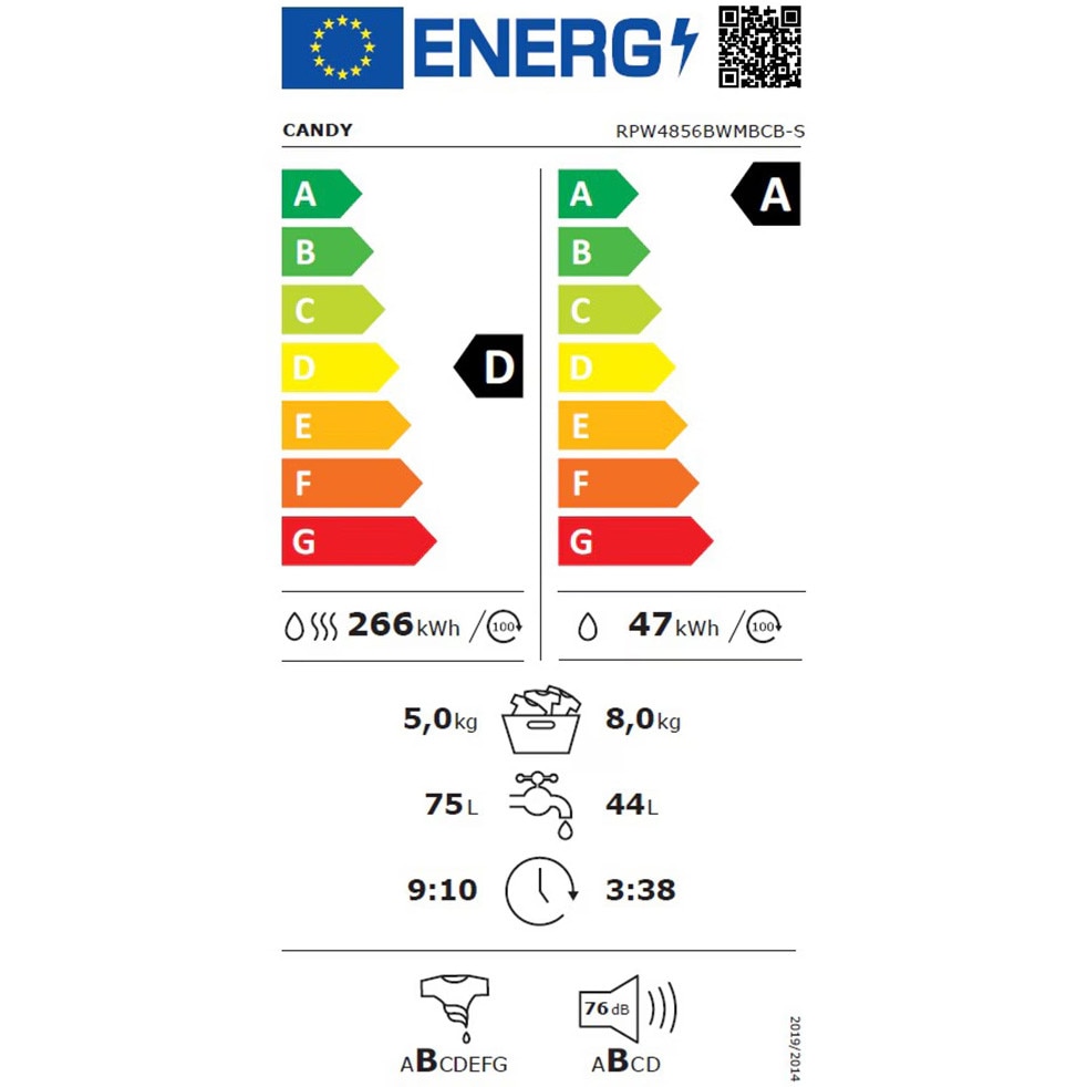 Masina de spalat rufe cu uscator CANDY RPW4856BWMBCB-S, Wi-Fi, 8/5 kg, 1400 rpm, Clasa A/D, Motor Inverter, Steam, Mix Power Systems, negru