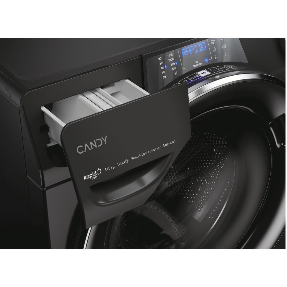 Masina de spalat rufe cu uscator CANDY RPW4856BWMBCB-S, Wi-Fi, 8/5 kg, 1400 rpm, Clasa A/D, Motor Inverter, Steam, Mix Power Systems, negru