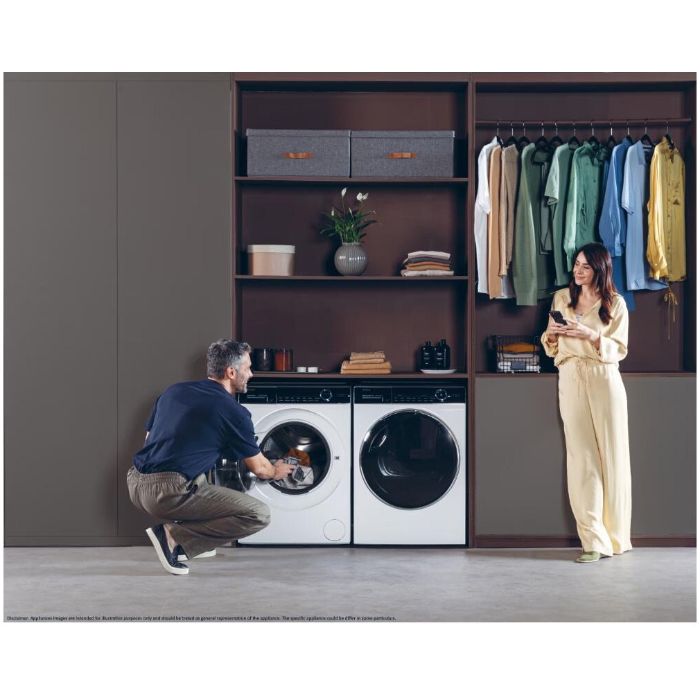 Masina de spalat rufe Haier HW90-B14979EU1-S, motor Direct Motion, clasa A-10%, 9 kg, 1400 rpm, conectivitate WiFi/ hOn app, ABT, Refresh, Anti-Crease, Smart Dual Spray, DrumLight, alba