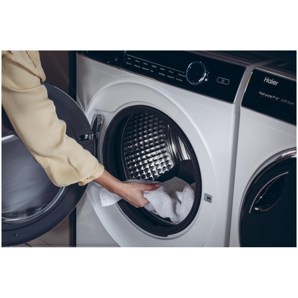 Masina de spalat rufe Haier HW90-B14979EU1-S, motor Direct Motion, clasa A-10%, 9 kg, 1400 rpm, conectivitate WiFi/ hOn app, ABT, Refresh, Anti-Crease, Smart Dual Spray, DrumLight, alba