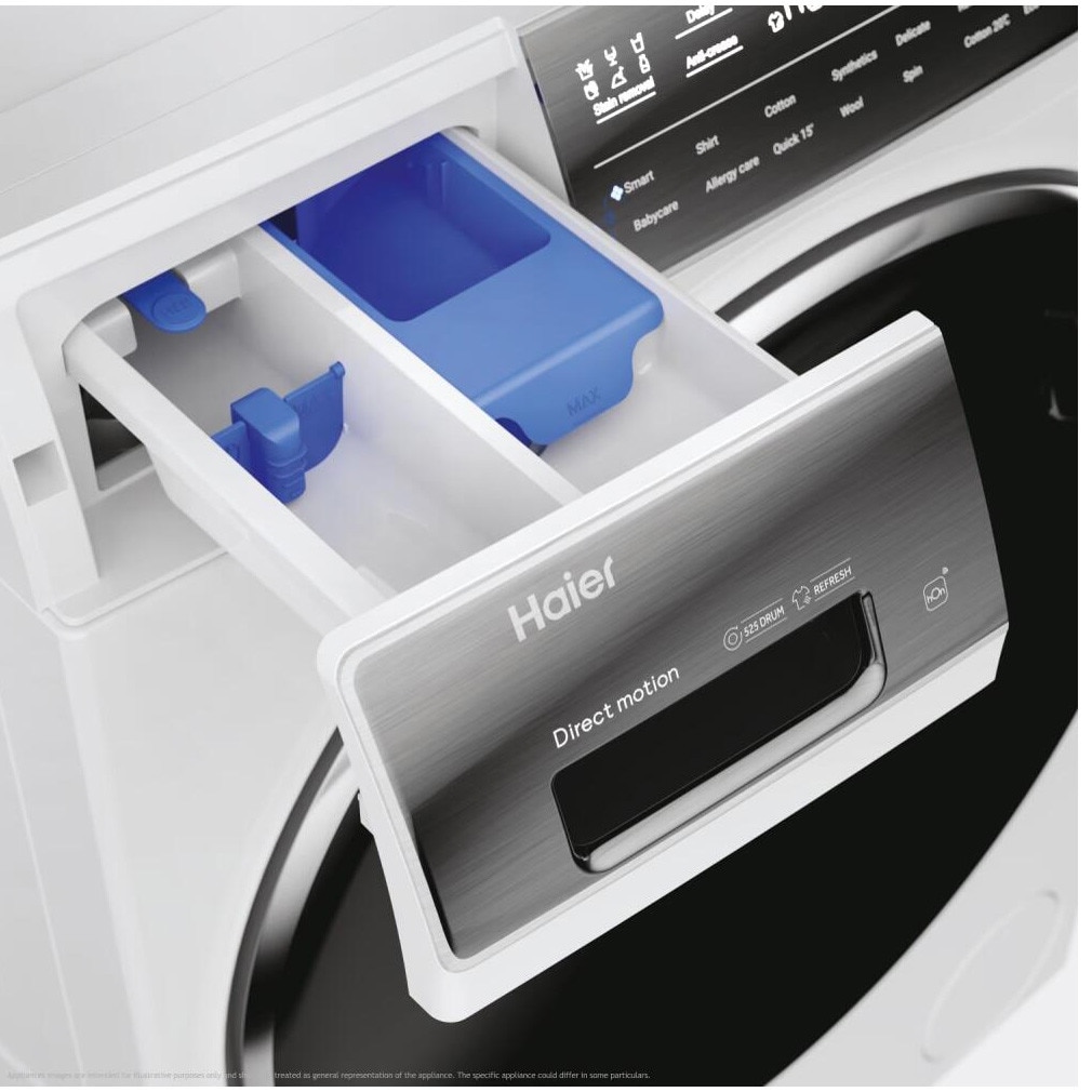 Masina de spalat rufe Haier HW90-B14979EU1-S, motor Direct Motion, clasa A-10%, 9 kg, 1400 rpm, conectivitate WiFi/ hOn app, ABT, Refresh, Anti-Crease, Smart Dual Spray, DrumLight, alba