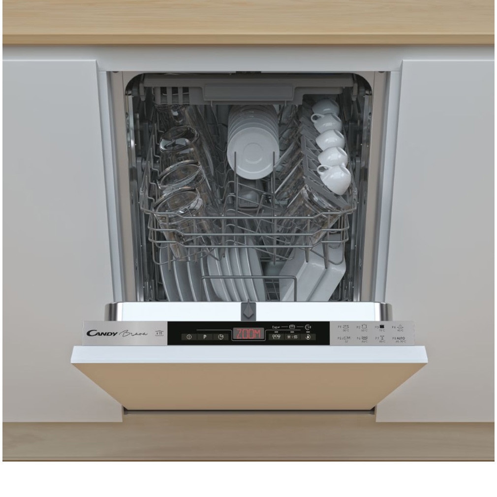 RESIGILAT: Masina de spalat vase incorporabila Candy Brava CDIH 2T1145, cls E, 11 seturi, 8 programe, 3 cosuri, control touch Red Display, Rapid Cycle 30 min, 45 cm (slim)