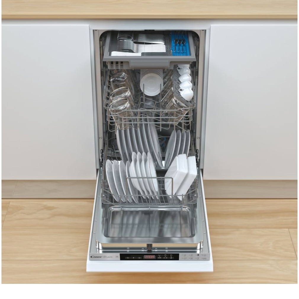 RESIGILAT: Masina de spalat vase incorporabila Candy Brava CDIH 2T1145, cls E, 11 seturi, 8 programe, 3 cosuri, control touch Red Display, Rapid Cycle 30 min, 45 cm (slim)