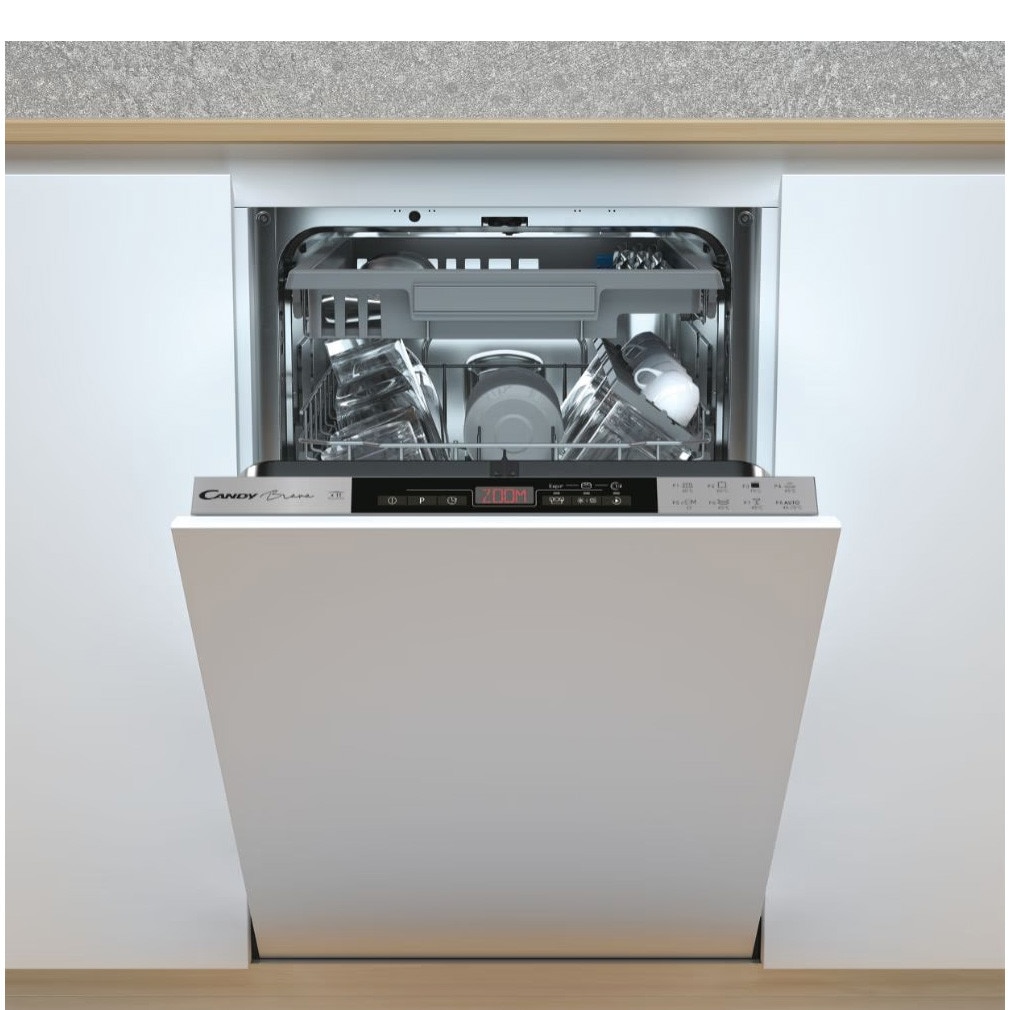 RESIGILAT: Masina de spalat vase incorporabila Candy Brava CDIH 2T1145, cls E, 11 seturi, 8 programe, 3 cosuri, control touch Red Display, Rapid Cycle 30 min, 45 cm (slim)