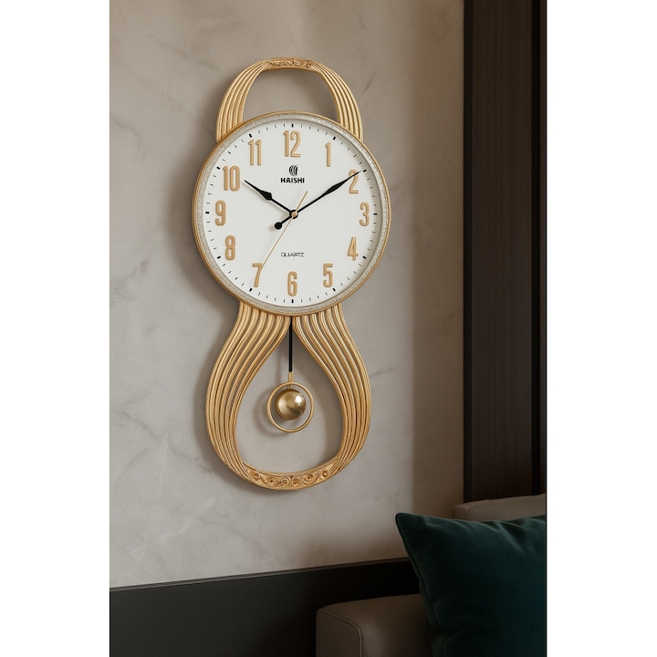 Ceas Perete Magic Time, cu Pendul, Design Contemporan, Alb/Auriu, 66x32cm